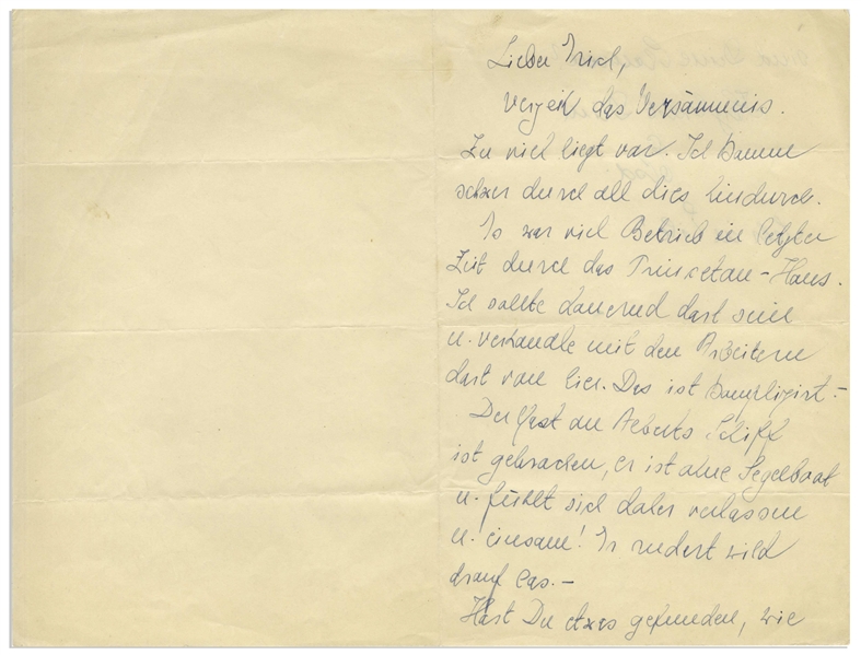Elsa Einstein Autograph Letter Signed, Circa 1934 -- ''...The mast of Albert's boat broke. He is without a sailboat and therefore feels abandoned and lonely. He sculls like mad...''